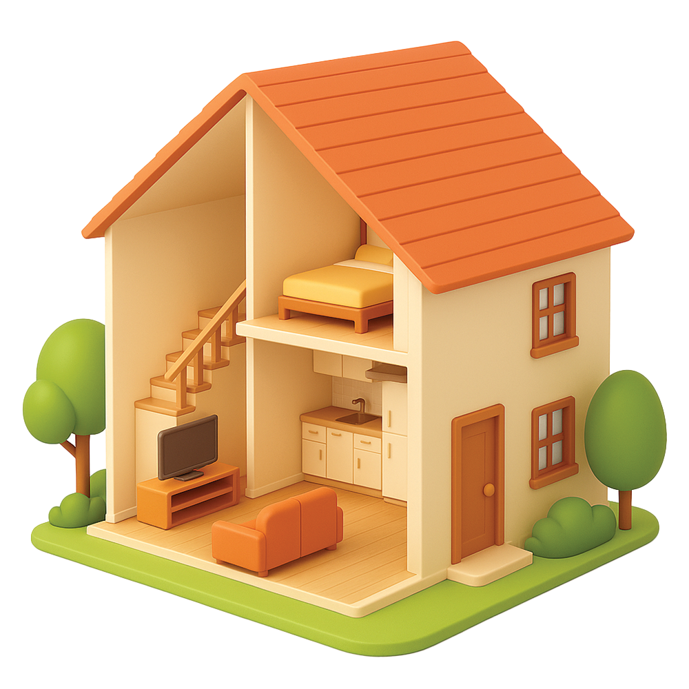 3D cutaway illustration of a two-storey house with furnished interior rooms and surrounding greenery, symbolising safe and healthy housing under Awaab’s Law.